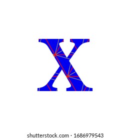 illustration letter X in blue color with red and yellow lines, birthday party confetti