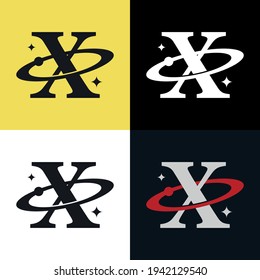illustration of the letter X with a circular orbit