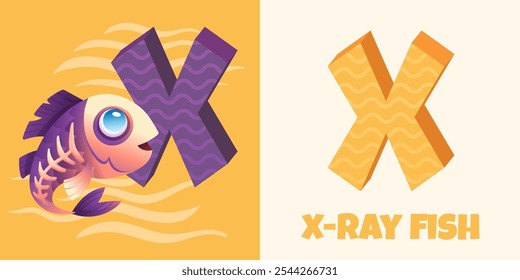 Illustration of the letter X and X-ray fish. Vector kids illustration