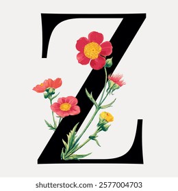 Illustration of the letter 'Z' adorned with red and yellow flowers. Floral design with vibrant red and yellow blooms. Decorative letter 'Z' with flowers. Vintage illustration isolated on white, vector