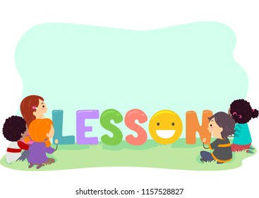 Illustration of Lettering with Stickman Kids Looking at it Outdoors