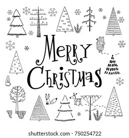 Illustration and lettering in the style of a Doodle on the theme of Christmas with pine trees, cute animals and snowflakes