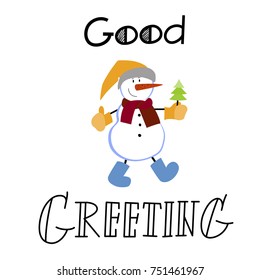 Illustration and lettering in the style of a Doodle on the theme of Christmas.Jolly snowman in hat and scarf .Vector cartoon illustration.
