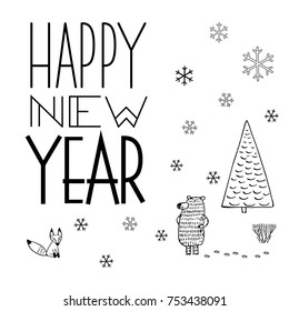 Illustration and lettering in the style of a Doodle on the theme of Christmas with pine trees, cute animals, decor