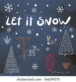 Illustration and lettering in the style of a Doodle on the theme of Christmas. Vector cartoon illustration.
