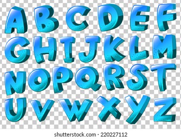 Illustration of the letters of the alphabet in blue colors on a white background 