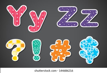 Illustration of the letters of the alphabet and the different symbols on a gray background