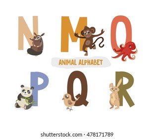 illustration with letters and animals. book for children. ABC. N, M, O, P, Q, R