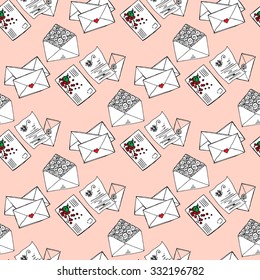 Illustration of letters and envelopes. Romantic messages. Seamless pattern.