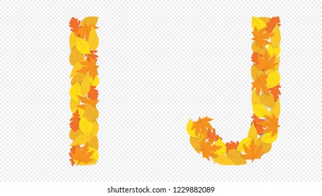 Illustration of letters I and J alphabet, autumn yellowed leaves, decoration, design.