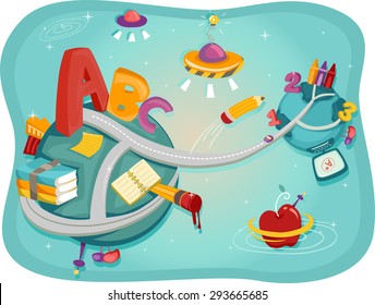 Illustration of Letters and Numbers Standing on Top of Planets