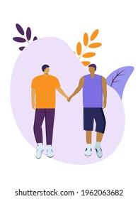 illustration of LGBT family. Two people hold hands, walk. Gay couples. Pride and freedom of mind. Equal rights. Human relations