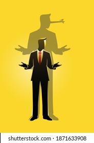 An illustration of a liar concept businessman with long nose shadow