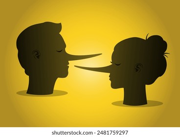 An illustration of a liar man and woman with long noses. Dishonest relations concept
