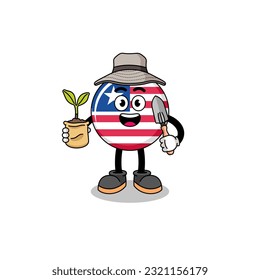 Illustration of liberia flag cartoon holding a plant seed , character design
