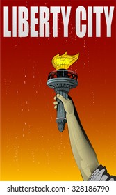 Illustration of Liberty lady monument's hand holding the torch. Vintage style