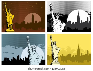 Illustration of liberty statue in America with city scape background