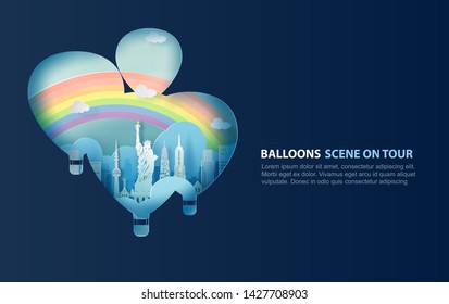 illustration of Liberty Statue balloons scene concept on blue sky background. USA modern landmark design.Creative paper cut and craft by United States of America for card and poster.rainbow.vector