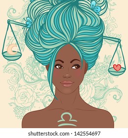 Illustration of Libra astrological sign as a beautiful African American girl. Zodiac vector illustration isolated on white. Future telling, horoscope, alchemy, spirituality, fashion black woman.