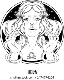 Illustration of Libra astrological sign as a beautiful girl. Zodiac vector drawing isolated in black and white. Future telling, horoscope, alchemy, spirituality. Coloring book for adults.