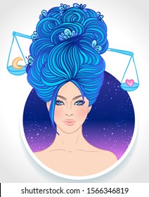 Illustration of Libra astrological sign as a beautiful girl. Zodiac vector illustration isolated on white. Future telling, horoscope, alchemy, spirituality, occultism, fashion woman.