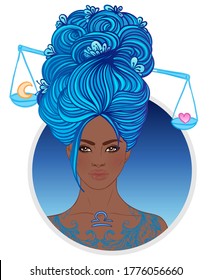 Illustration of Libra astrological sign as a beautiful African American girl. Zodiac vector illustration isolated on white. Future telling, horoscope, alchemy, spirituality, fashion black woman.