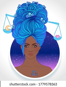 Illustration of Libra astrological sign as a beautiful African American girl. Zodiac vector illustration isolated on white. Future telling, horoscope, alchemy, spirituality, fashion black woman.