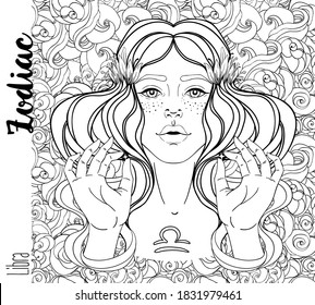 Illustration of Libra astrological sign as a beautiful girl. Zodiac vector drawing isolated in black and white. Future telling, horoscope, alchemy, spirituality. Coloring book for adults.