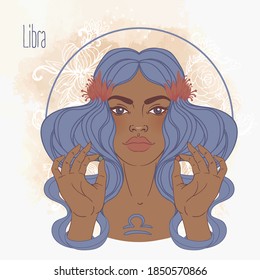 Illustration of Libra astrological sign as a beautiful African American girl. Zodiac vector illustration isolated on white. Future telling, horoscope, alchemy, spirituality, fashion black woman.