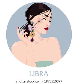 Illustration of libra astrological sign as a beautiful girls. Zodiac vector illustration isolated on white. Future telling, horoscope, alchemy, spirituality, occultism, fashion woman.