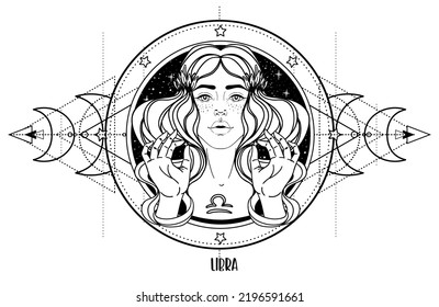 Illustration of Libra astrological sign as a beautiful girl over sacred geometry frame. Zodiac vector drawing isolated in black and white. Future telling, horoscope, spirituality. Coloring book.