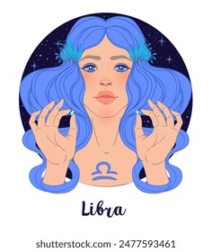 Illustration of Libra astrological sign as a beautiful girl. Zodiac vector illustration isolated on white. Future telling, horoscope