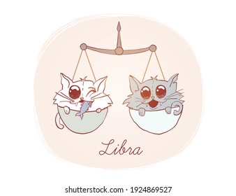 Illustration of Libra as two kittens in cartoon style. Zodiac vector illustration for kids. One of 12  in collection for your design of astrology calendar or horoscope