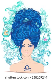 Illustration of libra zodiac sign as a beautiful girl. Vector illustration.