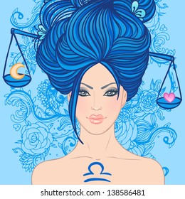 Illustration of libra zodiac sign as a beautiful girl. Vector illustration.