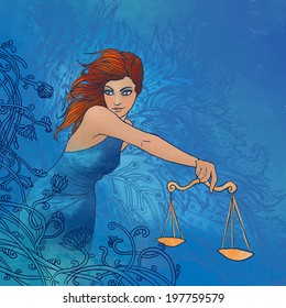 Illustration of libra zodiac sign as a beautiful girl with in her hand