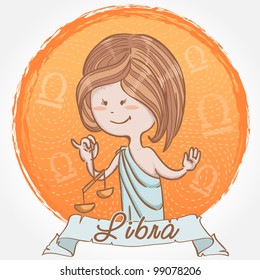 Illustration of Libra zodiac sign in cute cartoon style as a girl in ancient greek clothes and holding scales