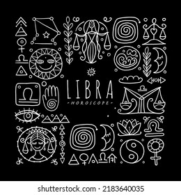 Illustration of Libra zodiac sign. Element of Air. Design of Astrology Calendar, Horoscope, Print.