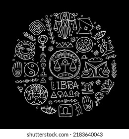 Ilustración del signo de Libra zodiac. Elemento de aire. Diseño de Calendario Astrológico, Horóscopo, Imprimir.