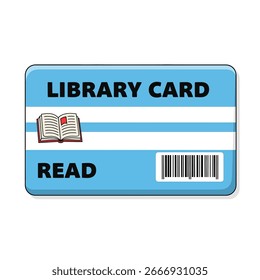 Ilustração de um cartão de biblioteca com um livro e um código de barras isolados no fundo branco, representando o acesso aos recursos de conhecimento, leitura e biblioteca