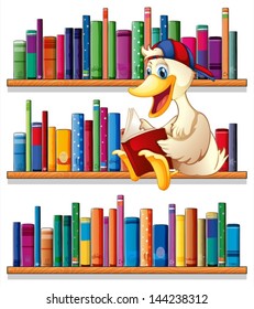 Illustration of a library with a duck reading on a white background