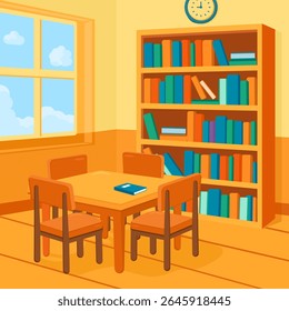 Ilustración de interior de Biblioteca con estantería