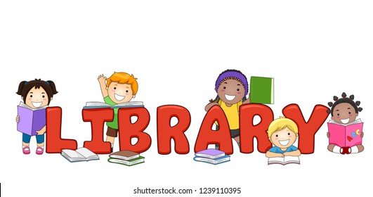 Illustration of Library Lettering with Kids and Books