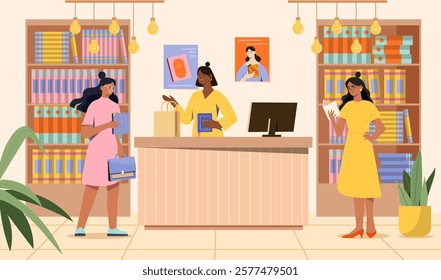 Illustration of a library scene with bookshelves, a counter, and three women interacting. Warm tones, indoor setting, educational and literary concept. Vector illustration