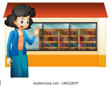 Illustration of a libririan outside the library on a white background