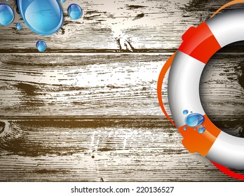 Illustration of Life Buoy at Wooden Background, Copyspace