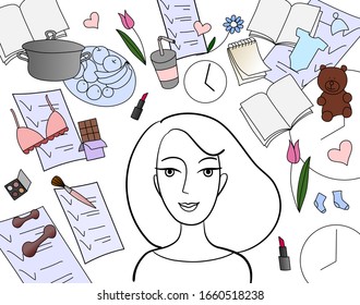 Illustration, woman’s life. Catch everything. Work, home, kids, sport, beauty. Girl can everything. Time management.