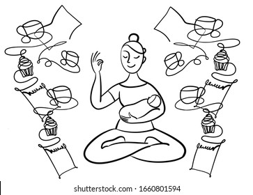 Illustration, woman’s life. Catch everything. Work, home, kids, sport, beauty. Girl can everything. Time management.