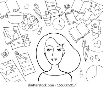 Illustration, woman’s life. Catch everything. Work, home, kids, sport, beauty. Girl can everything. Time management.