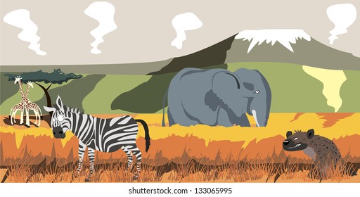 illustration of life of inhabitants of the African savanna